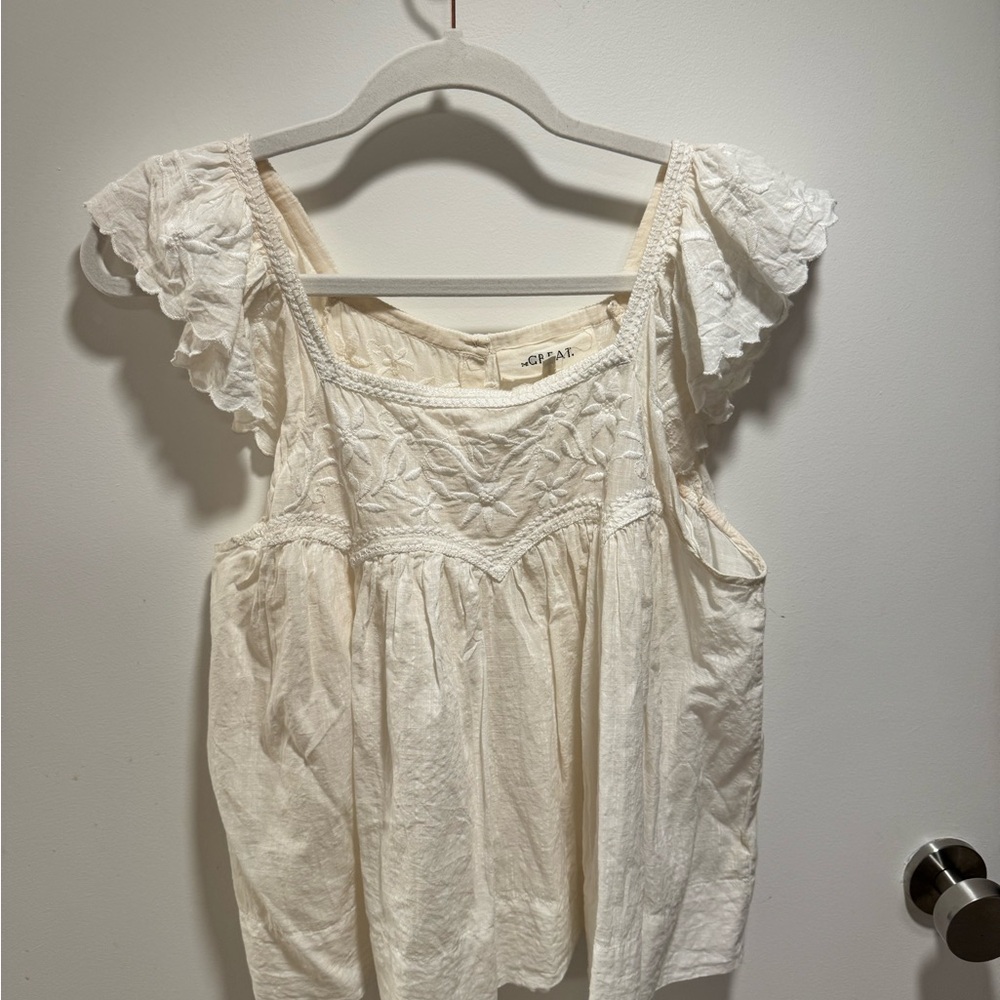 THE GREAT. Cream Ruffle Sleeve Blouse